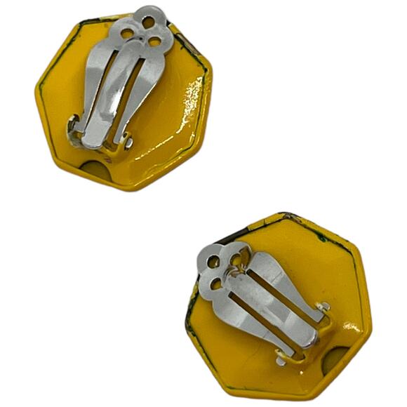 Vintage Yellow Hexagon Metal Clip-On Stud Button Earrings - Retro 80s - Picture 3 of 8